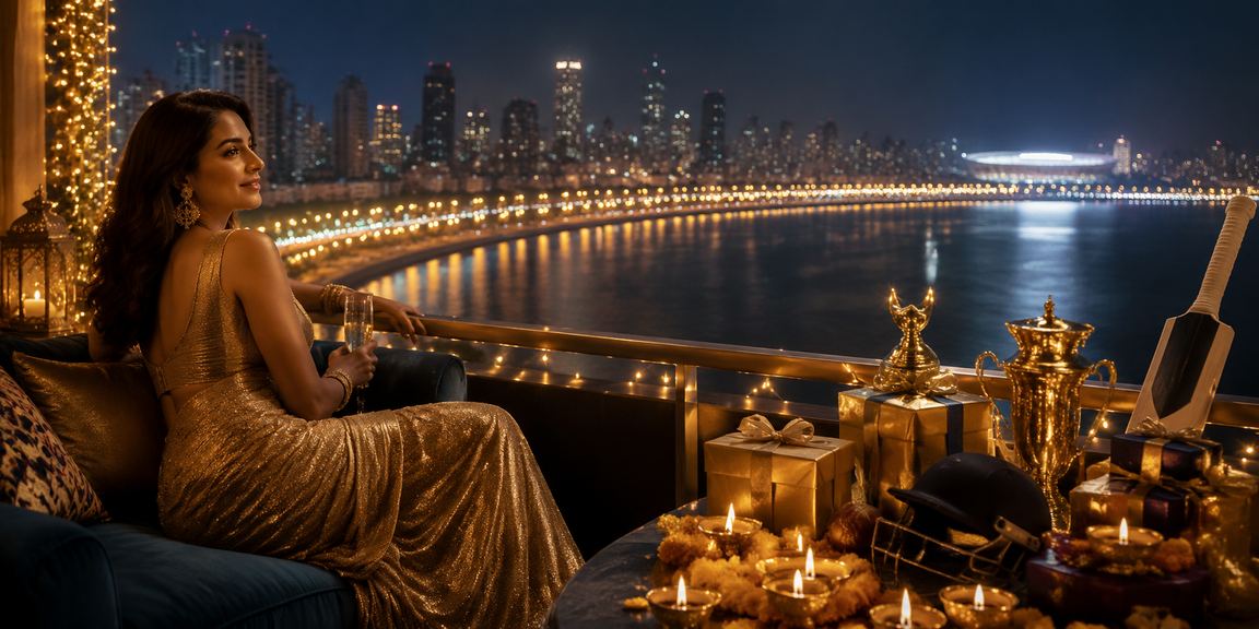 Mumbai Marine Drive illuminated during Diwali festival, with cricket betting theme
